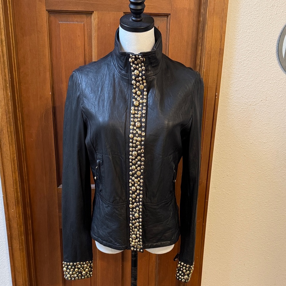 Sara Berman Black Leather Jacket with Brass Studs Size S